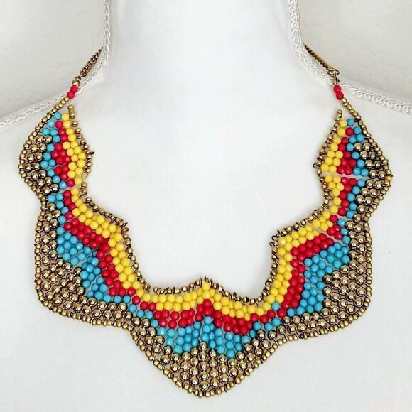 Artisan Made Colorful Statement Necklace Beaded Gold Tone Spring Summer Fun - Picture 1 of 6